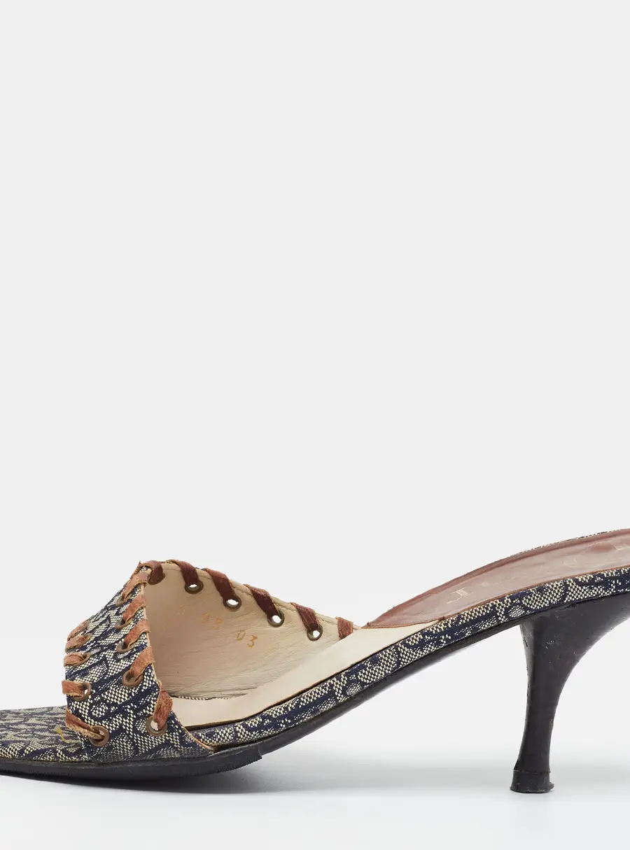 Dior Size 37 Blue Oblique Canvas and Leather Slide Sandals