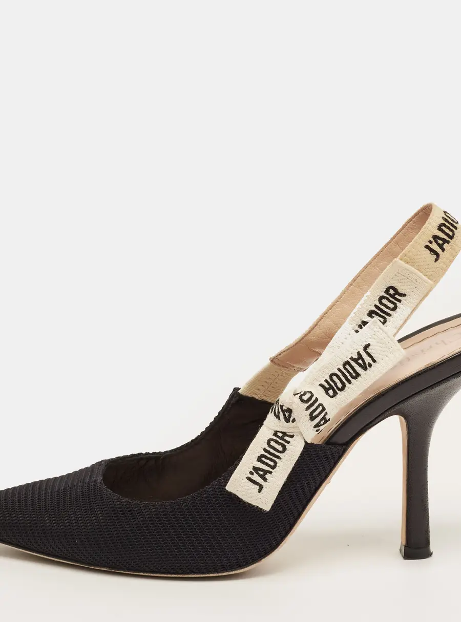 Dior J'Adior Size 37.5 Black Fabric and Leather Slingback Pumps