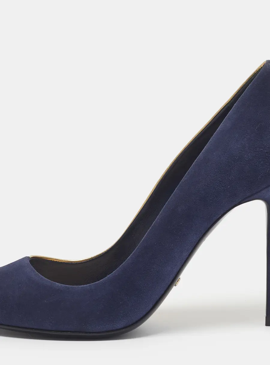 Dior Miss Dior Size 37.5 Navy Blue/Gold Leather and Suede Peep Toe Pumps
