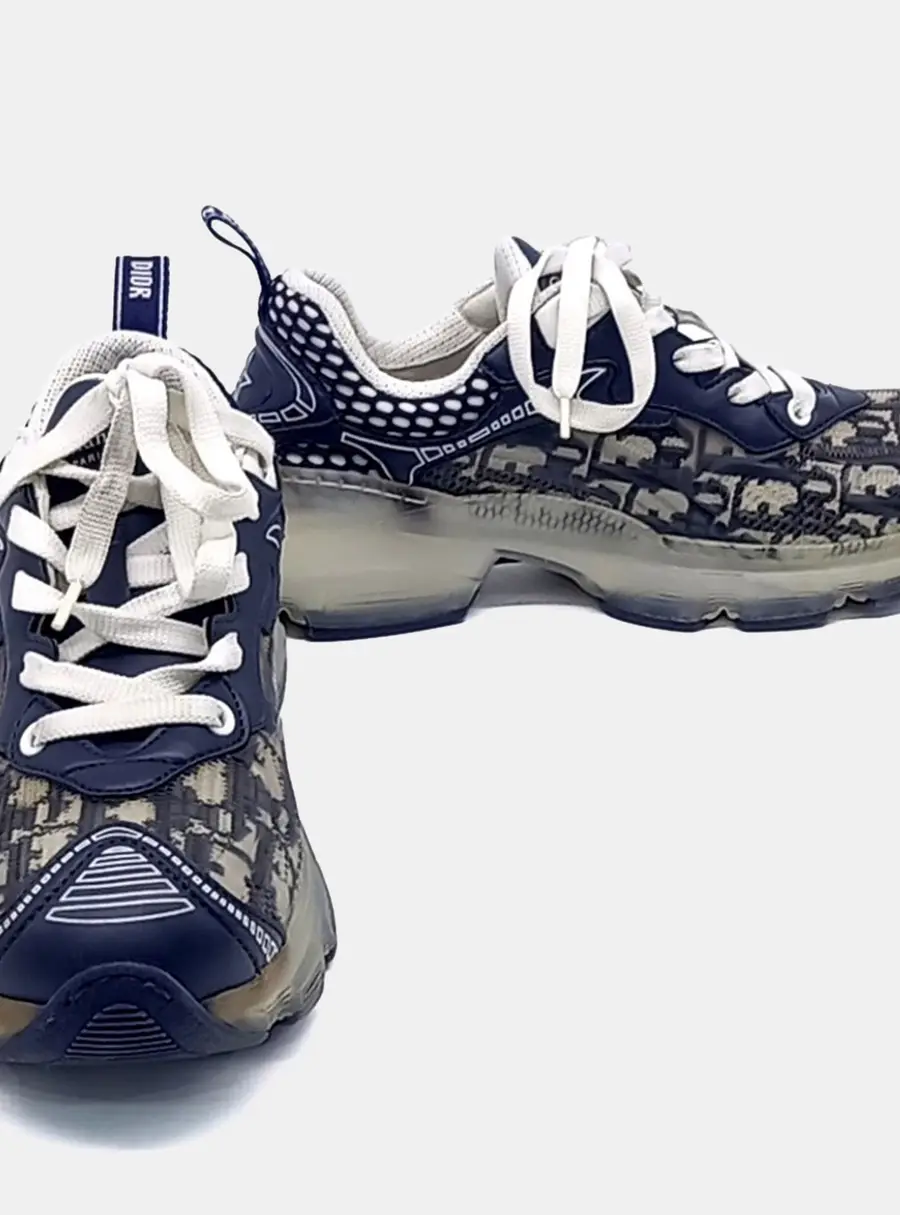 Christian Dior Vibe Navy Blue Calf Leather, Mesh Lace Up Sneakers EU 36.5