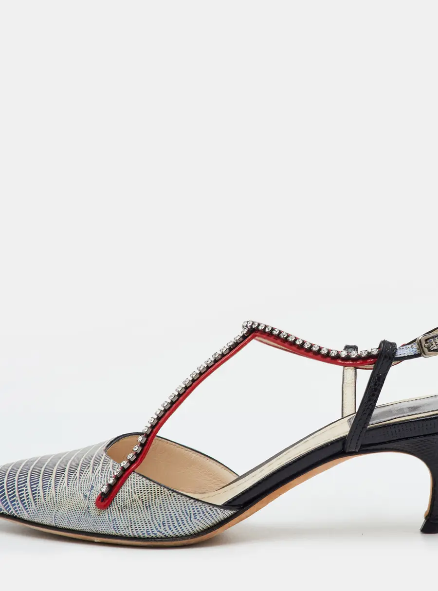 Dior Crystal Embellished Size 36 Black/Red Lizard Embossed Leather T Strap Sandals