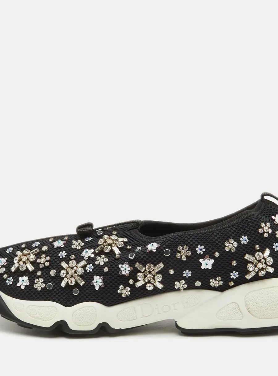 Dior Fusion Size 38 Black Mesh Crystal Embellished Slip On Sneakers