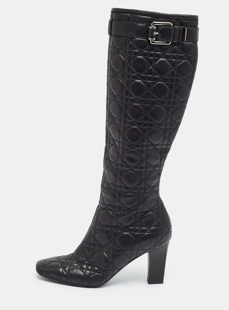 Dior Size 37.5 Black Quilted Leather Buckle Detail Knee Length Boots