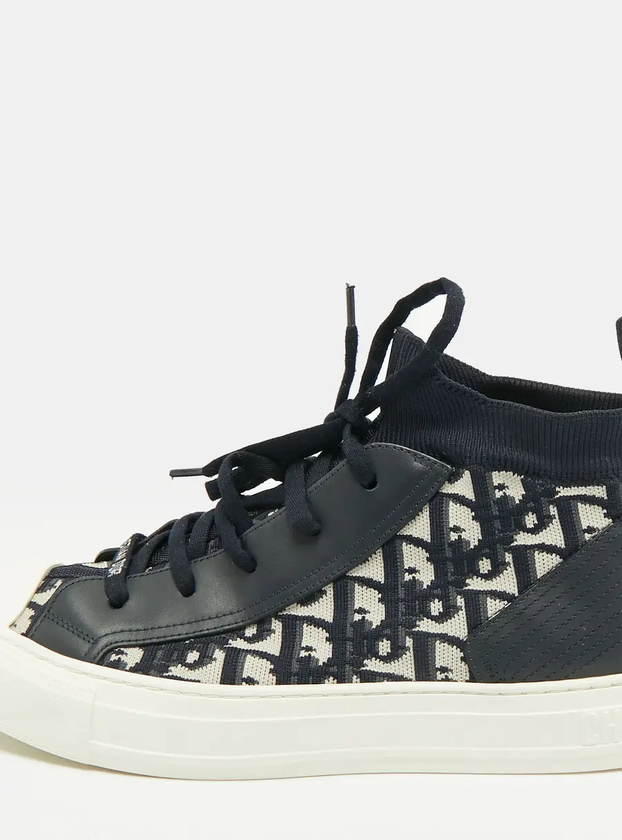Dior Walk'n'Dior Size 41 Navy Blue Knit Fabric and Leather High Top Sneakers