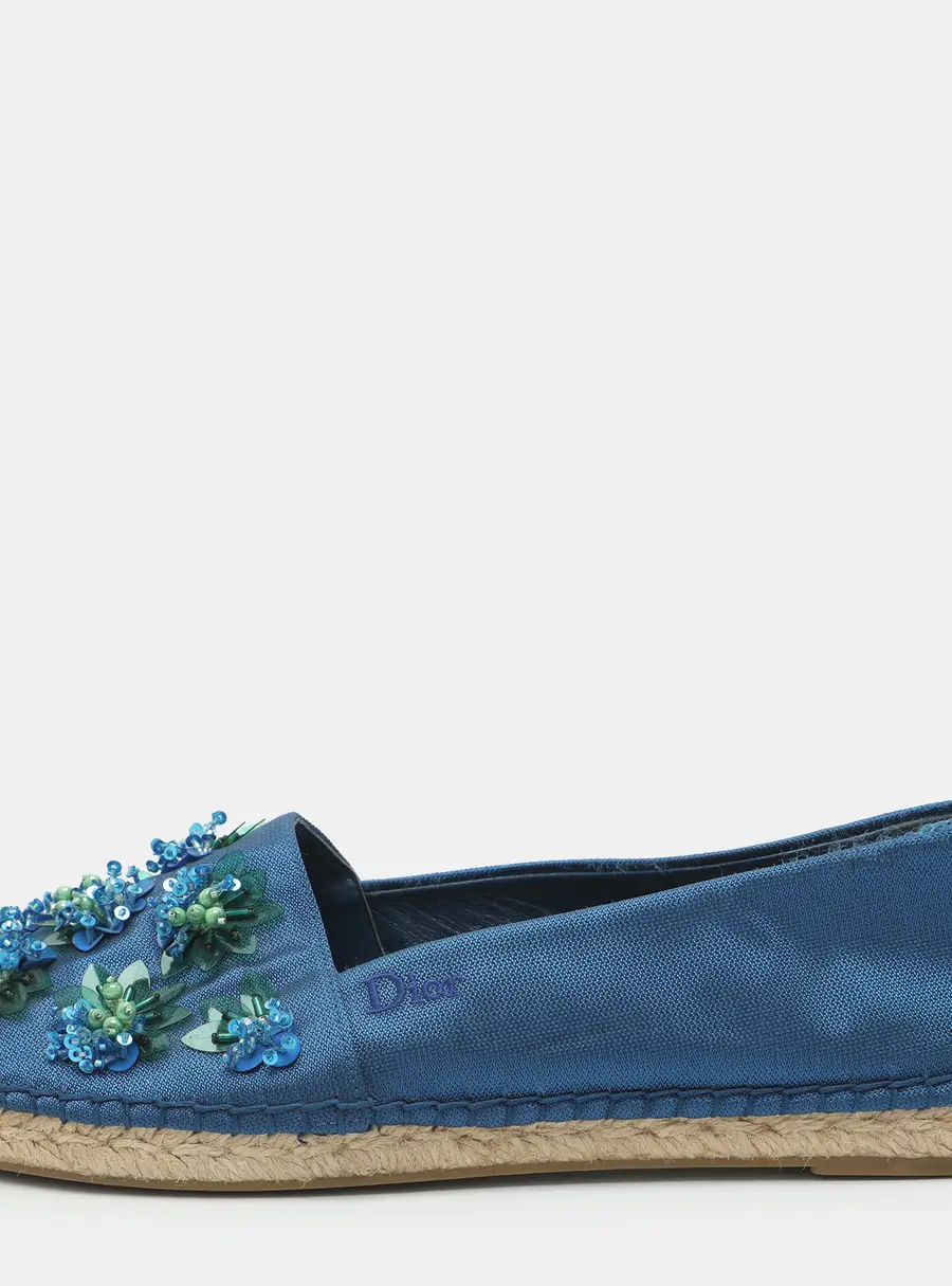 Dior Size 37.5 Blue Floral Embellished Satin Espadrille Loafers
