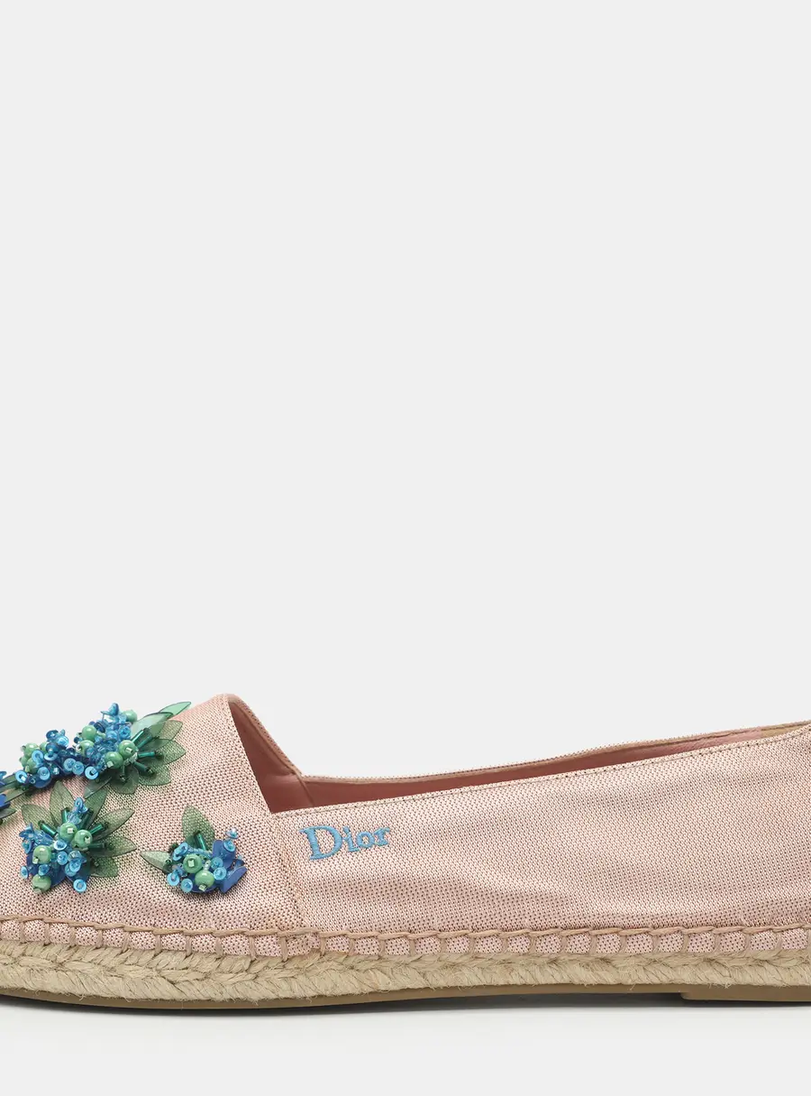 Dior Size 36.5 Pink Floral Embellished Canvas Espadrille Loafers