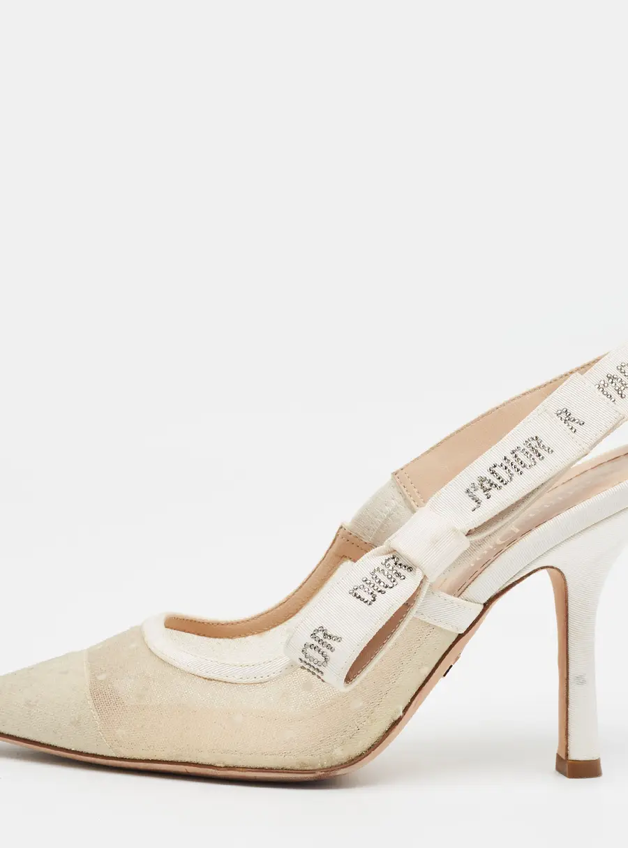 Dior J'Adior Size 37.5 White/Beige Canvas and Net Slingback Pumps