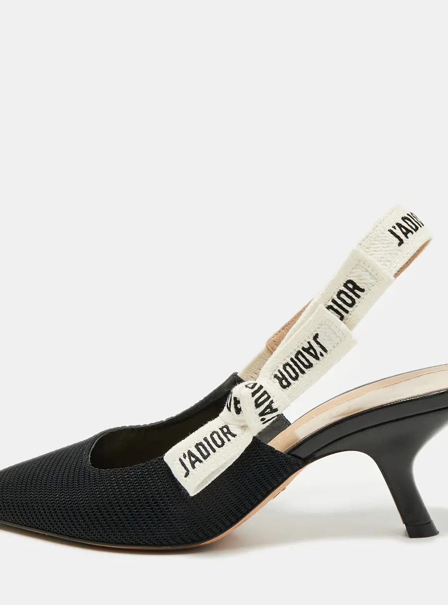 Dior J'Adior Size 37.5 Black/White Fabric Slingback Pumps