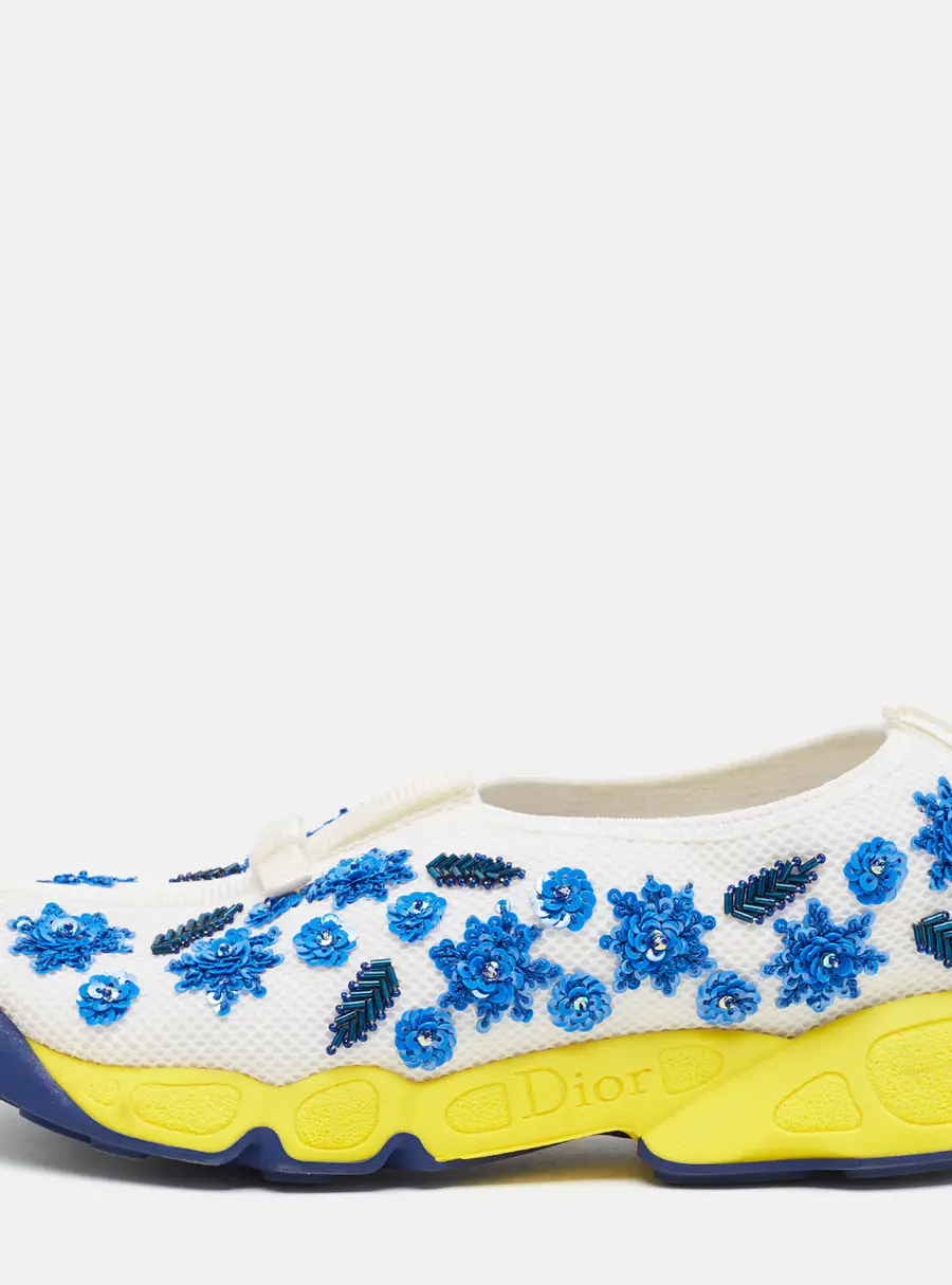 Dior Fusion Size 37.5 White/Blue Mesh Embellished Slip On Sneakers