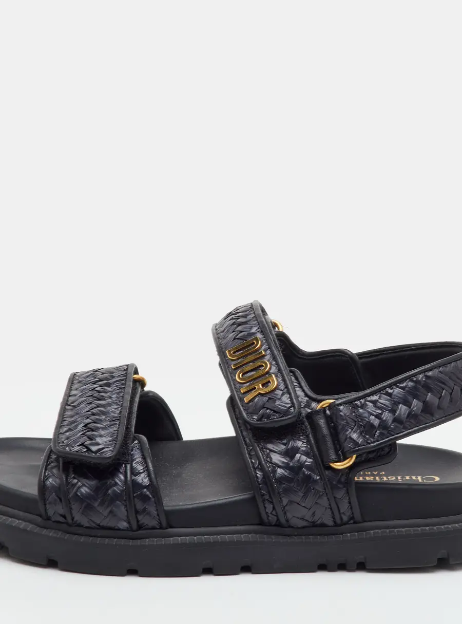 Dior Dioract Size 37.5 Black Leather and Raffia Ankle Strap Sandals