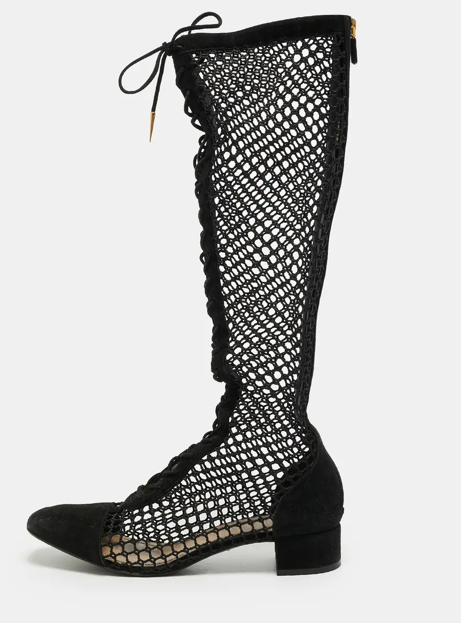 Dior D-naughitly Size 38 Black Mesh and Suede Knee Length Boots