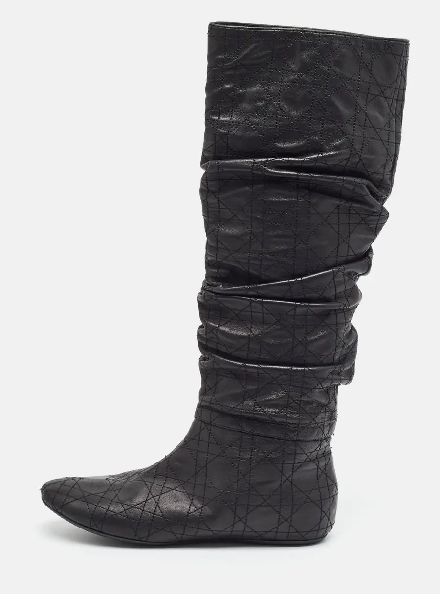 Dior Cannage Size 38.5 Black Leather Knee Length Boots