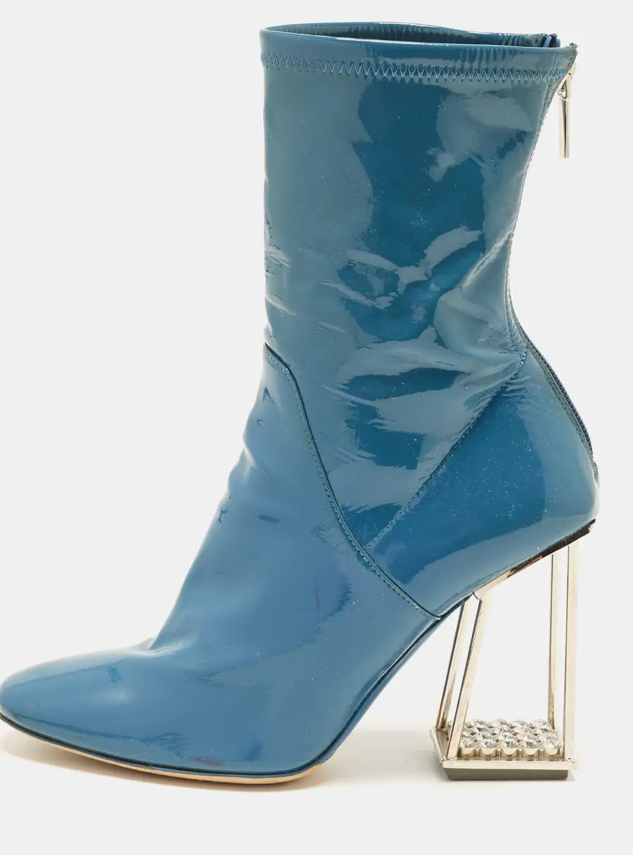 Dior Size 37 Blue Patent Leather Crystal Embellished Ankle Length Boots
