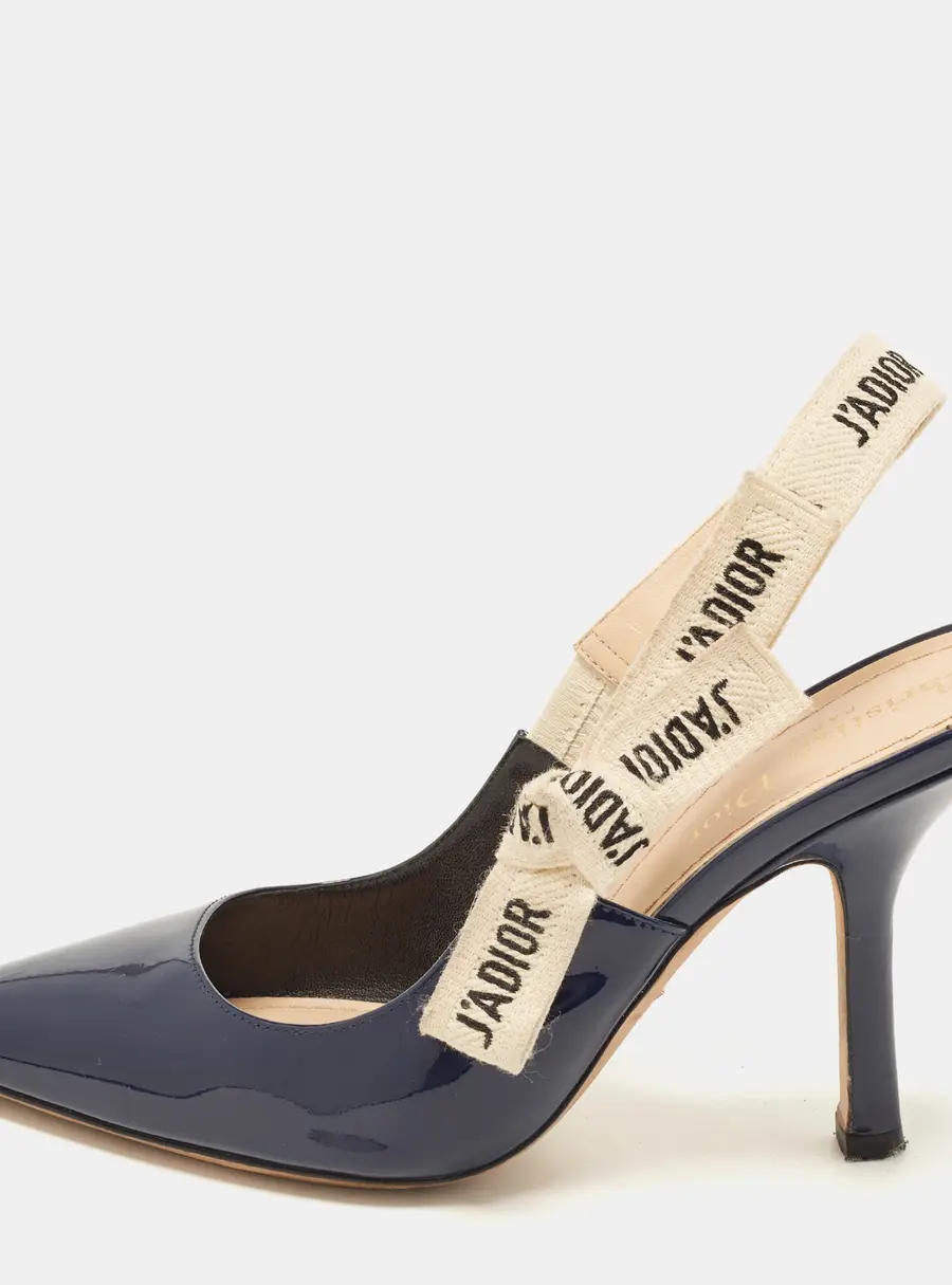 Dior J'Adior Size 37 Navy Blue Patent Leather Slingback Pumps