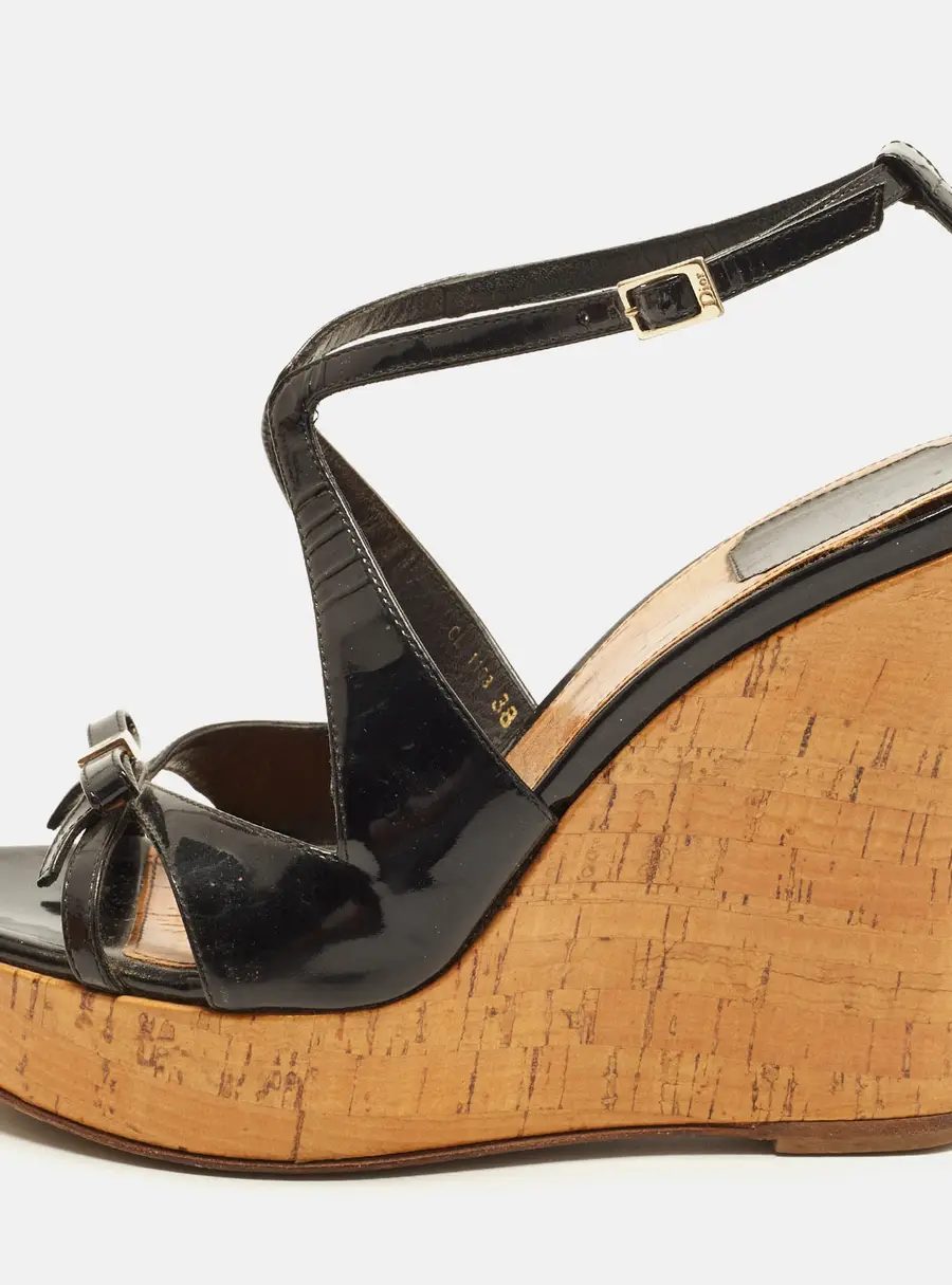 Dior Dior Starlet Size 38 Black Patent Leather Cork Wedge Sandals