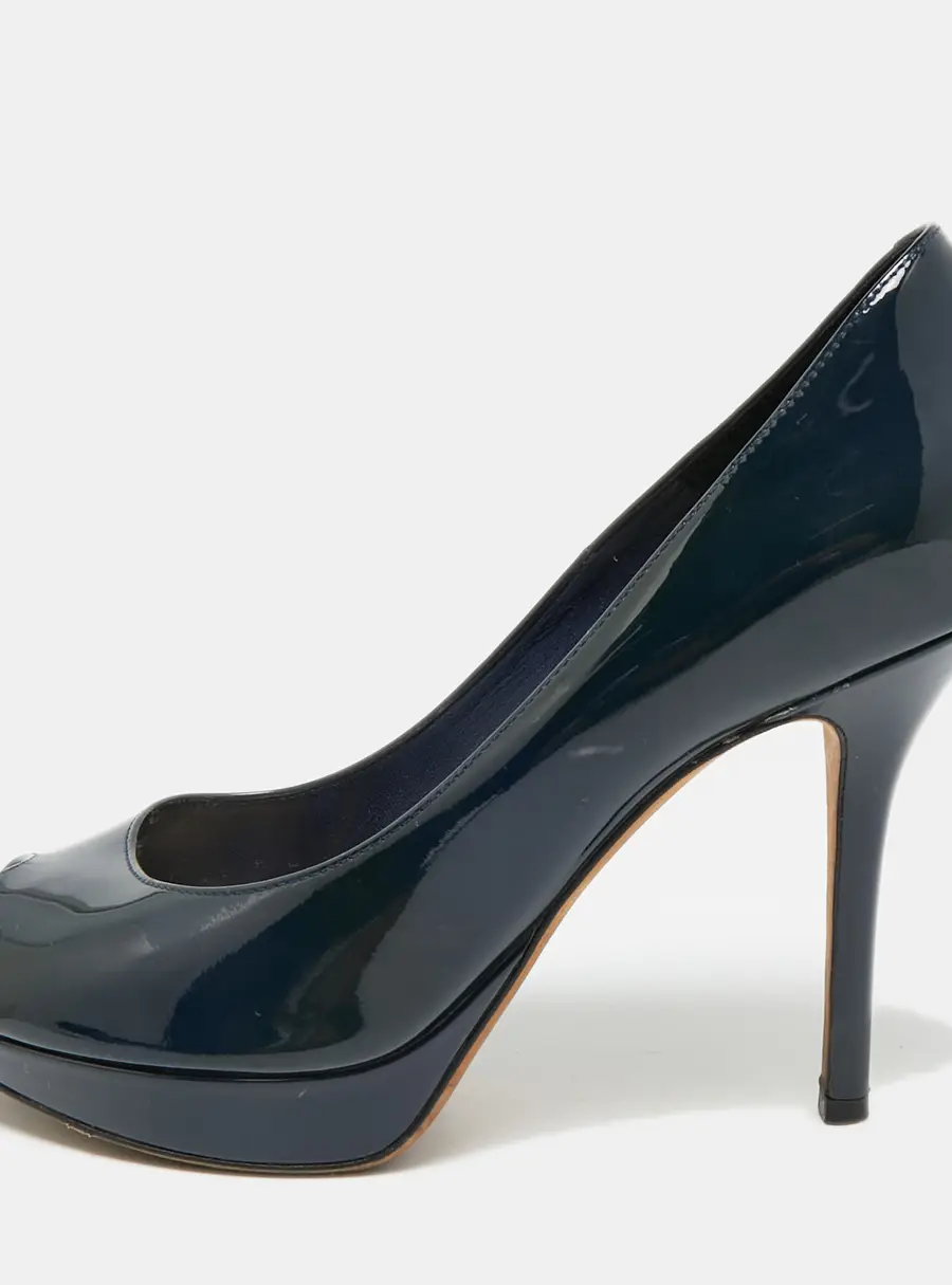 Dior Miss Dior Size 38.5 Navy Blue Patent Leather Peep Toe Pumps