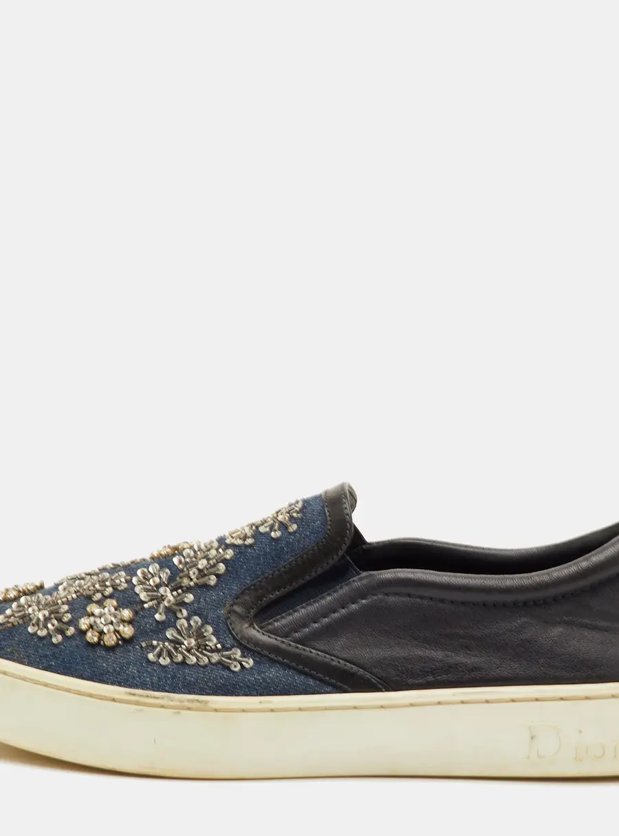 Dior Happy Size 38 Black/Navy Blue Leather and Denim Crystal Embellished Slip On Sneakers