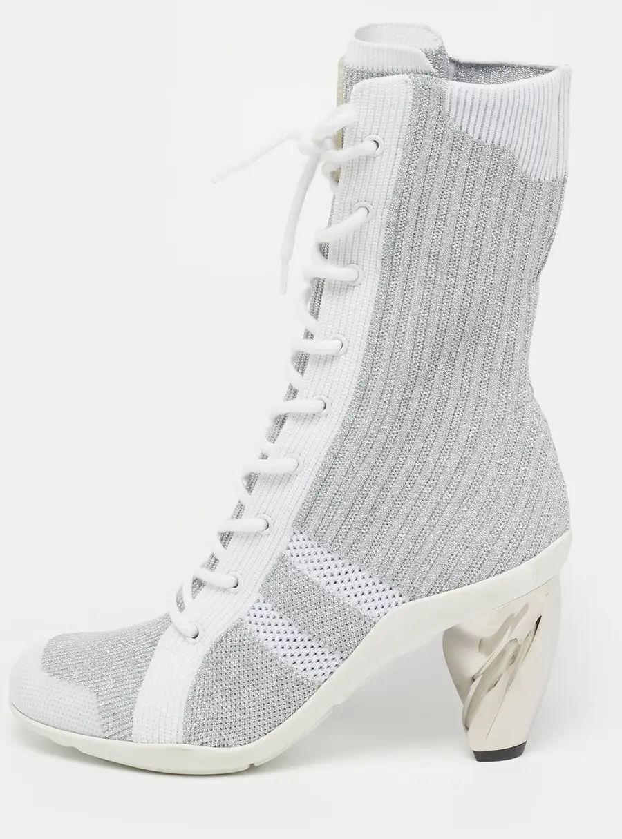 Dior D-Zenith Size 37.5 Silver/White Knit Fabric Ankle Length Boots
