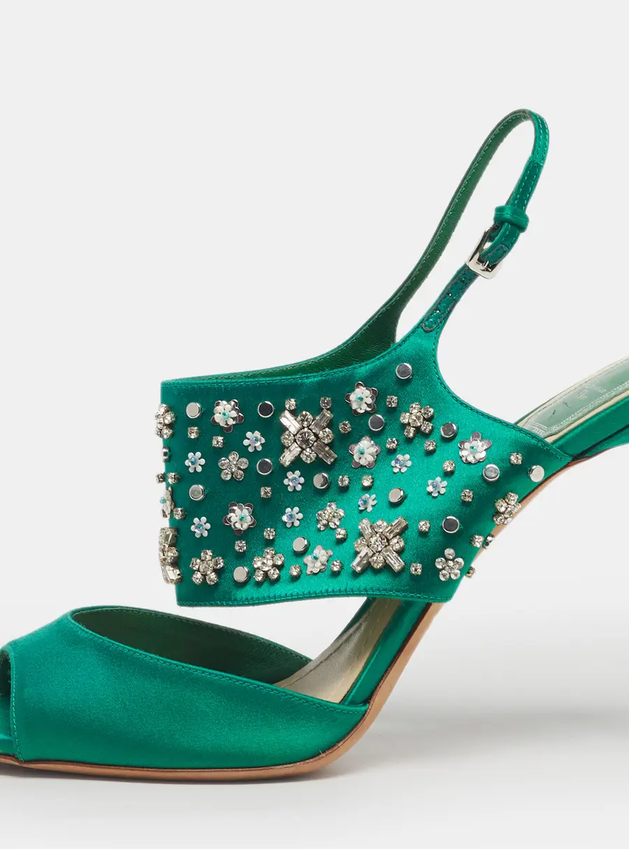 Dior Size 41.5 Green Satin Crystal Embellished Ankle Strap Sandals