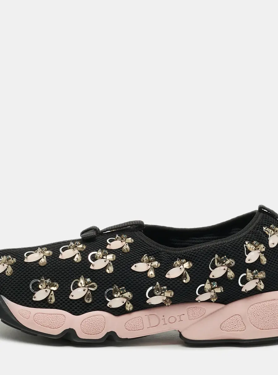 Dior Fusion Size 38.5 Black Knit Fabric Embellished Slip On Sneakers