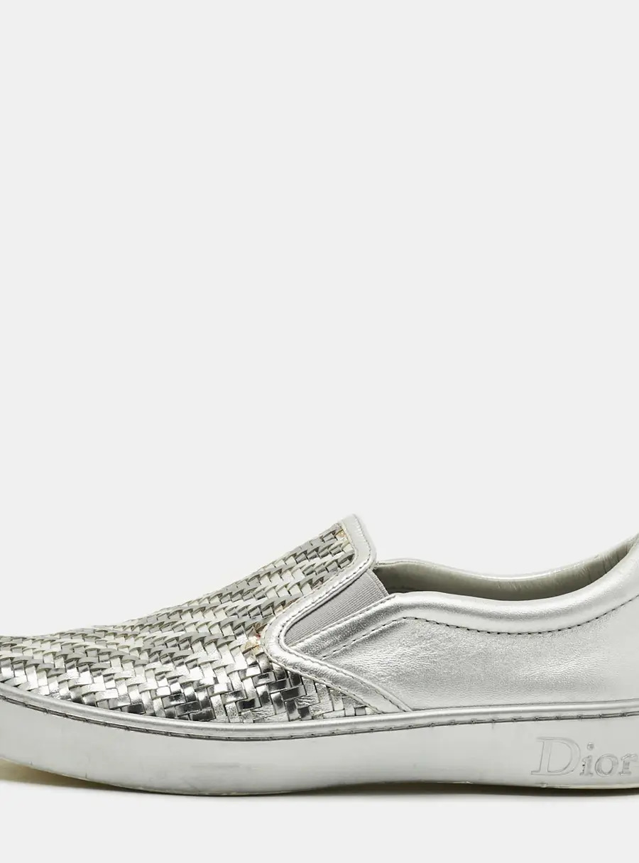 Dior Size 36 Metallic Silver Woven Leather Slip On Sneakers