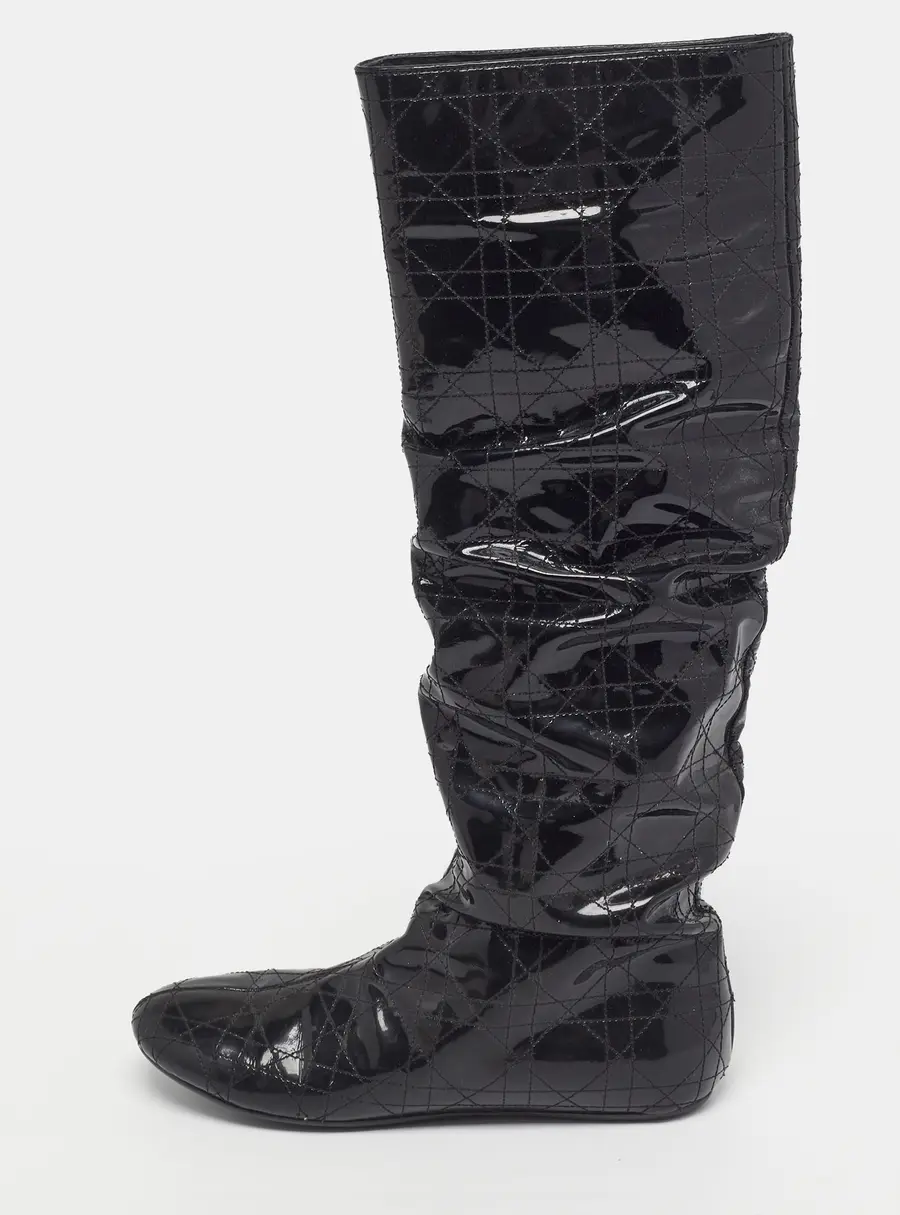 Dior Size 37 Black Quilted Patent Leather Knee Length Boots
