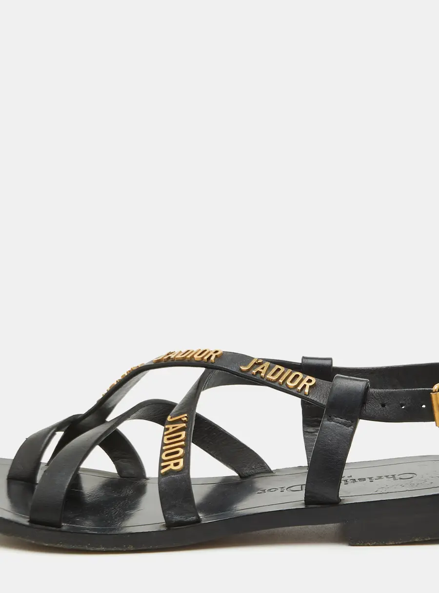 Dior J'Adior Size 35 Black Leather Strappy Flat Sandals
