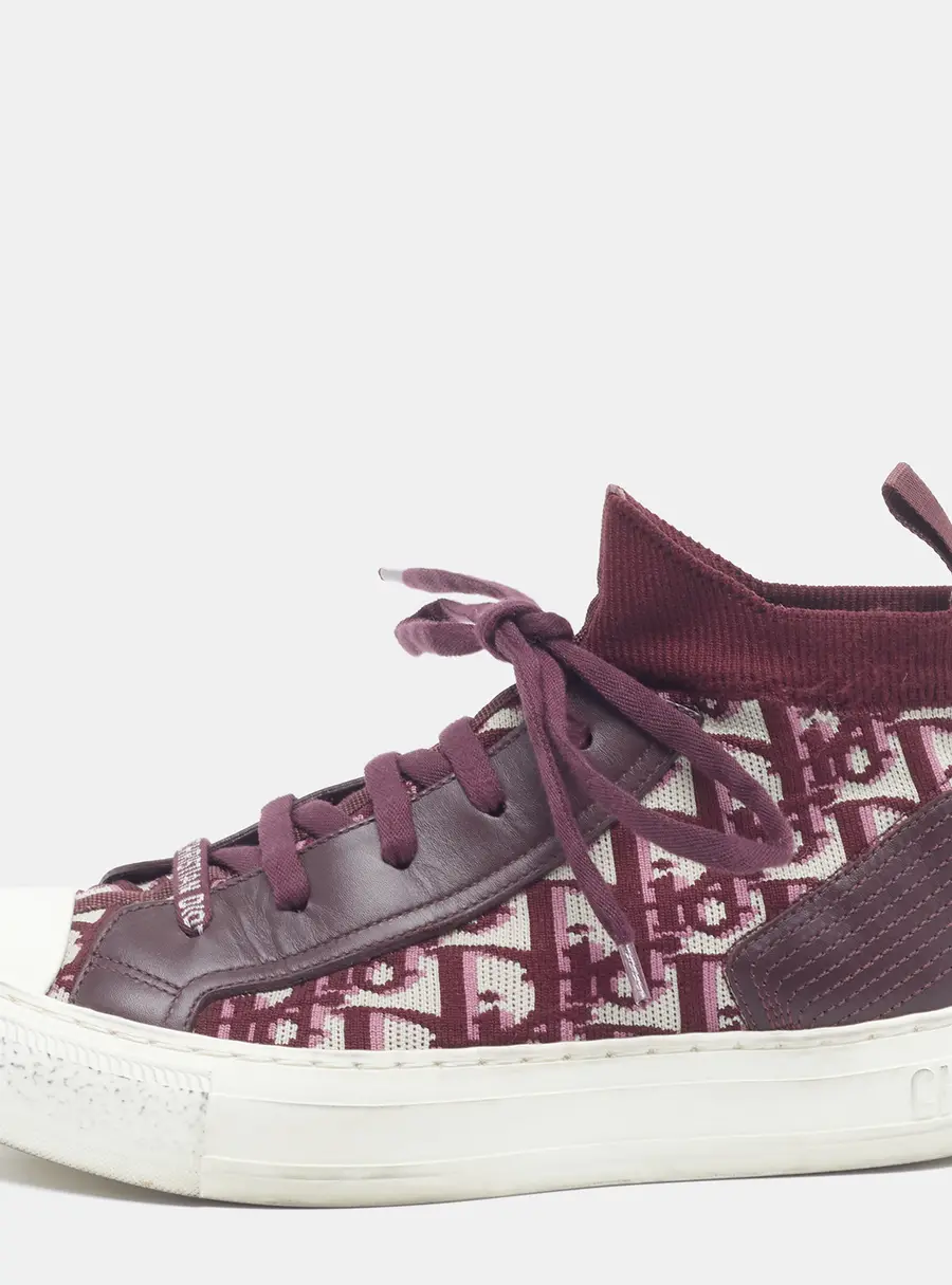 Dior Walk'n'Dior Size 37 Burgundy Leather and Stretch Knit High Top Sneakers