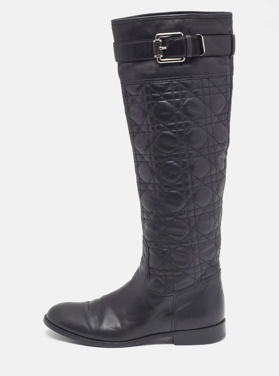 Dior Size 36 Black Quilted Leather Buckle Detail Knee Length Boots