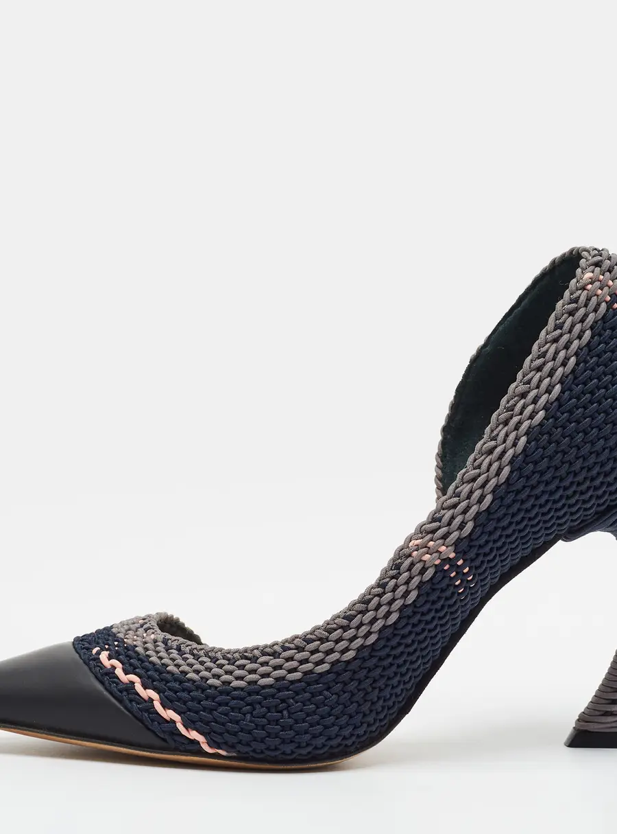 Dior Songe Size 36 Navy Blue Leather and Woven Fabric D'orsay Pumps