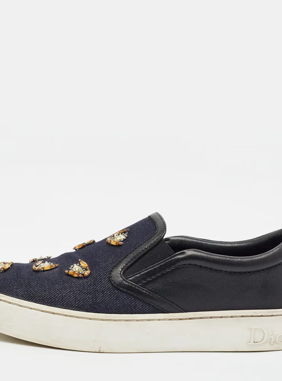 Dior Happy Size 37.5 Navy Blue/Black Denim and Leather Crystal Embellished Slip On Sneakers