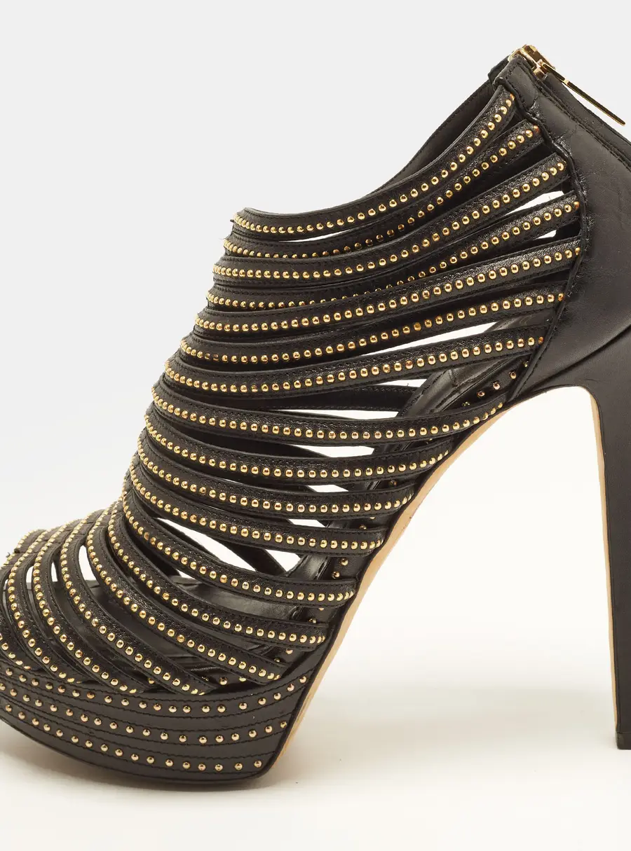 Dior Size 39.5 Black Leather Strappy Studded Cage Platform Booties