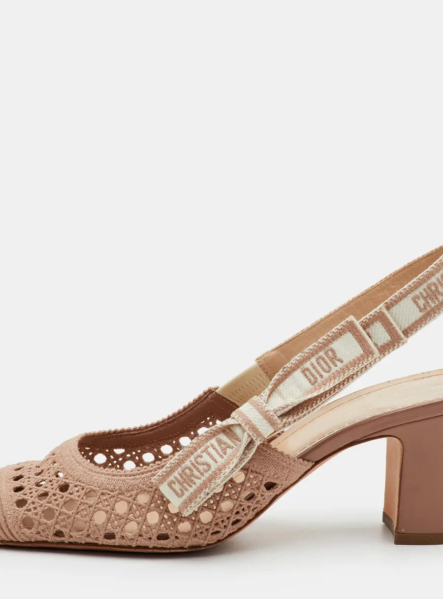 Dior D-Moi Sie 39.5 Beige Cannage Embroidered Mesh Slingback Pumps