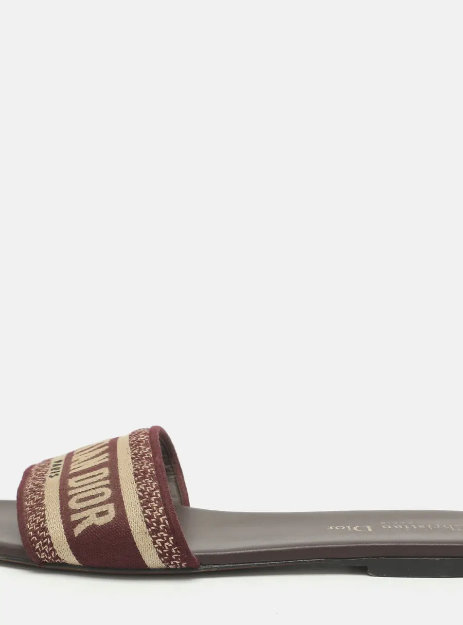 Dior Dway Size 39.5 Burgundy/Beige Jacquard Logo Embroidered Flat Slide