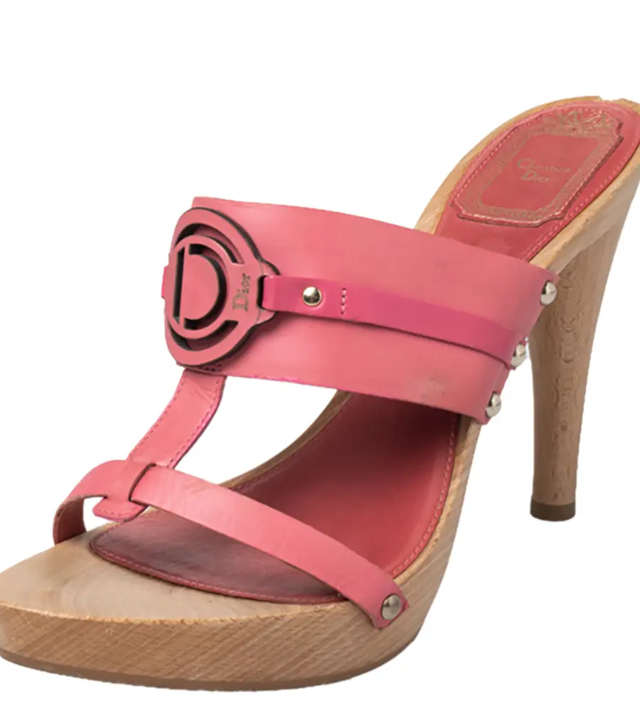 Dior Pink Leather Logo Embellished Slide Sandals Size 37.5