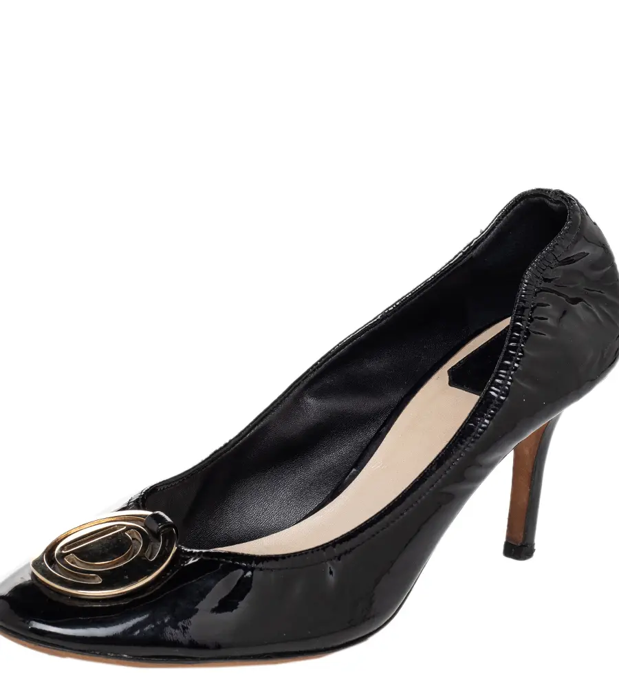 Dior Black Patent Leather Round Metal Logo Scrunch Pumps Size 37