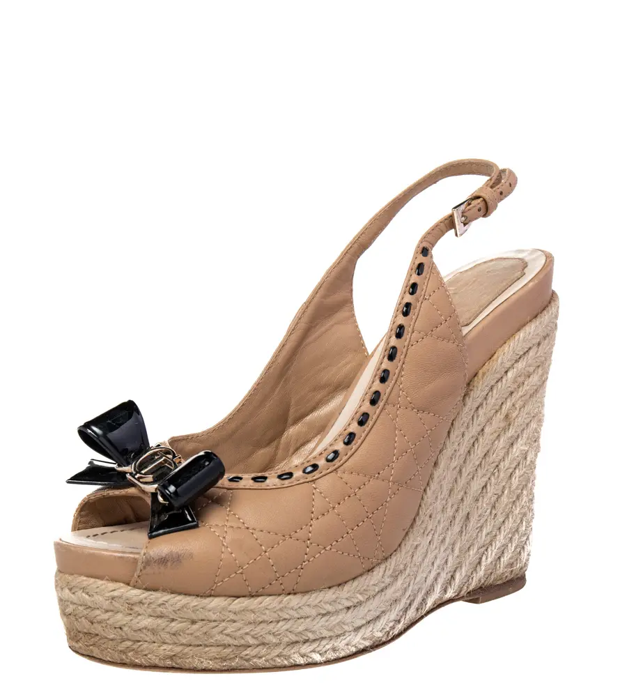 Dior Beige/Black Quilted And Patent Leather Platform Sandals Size 37