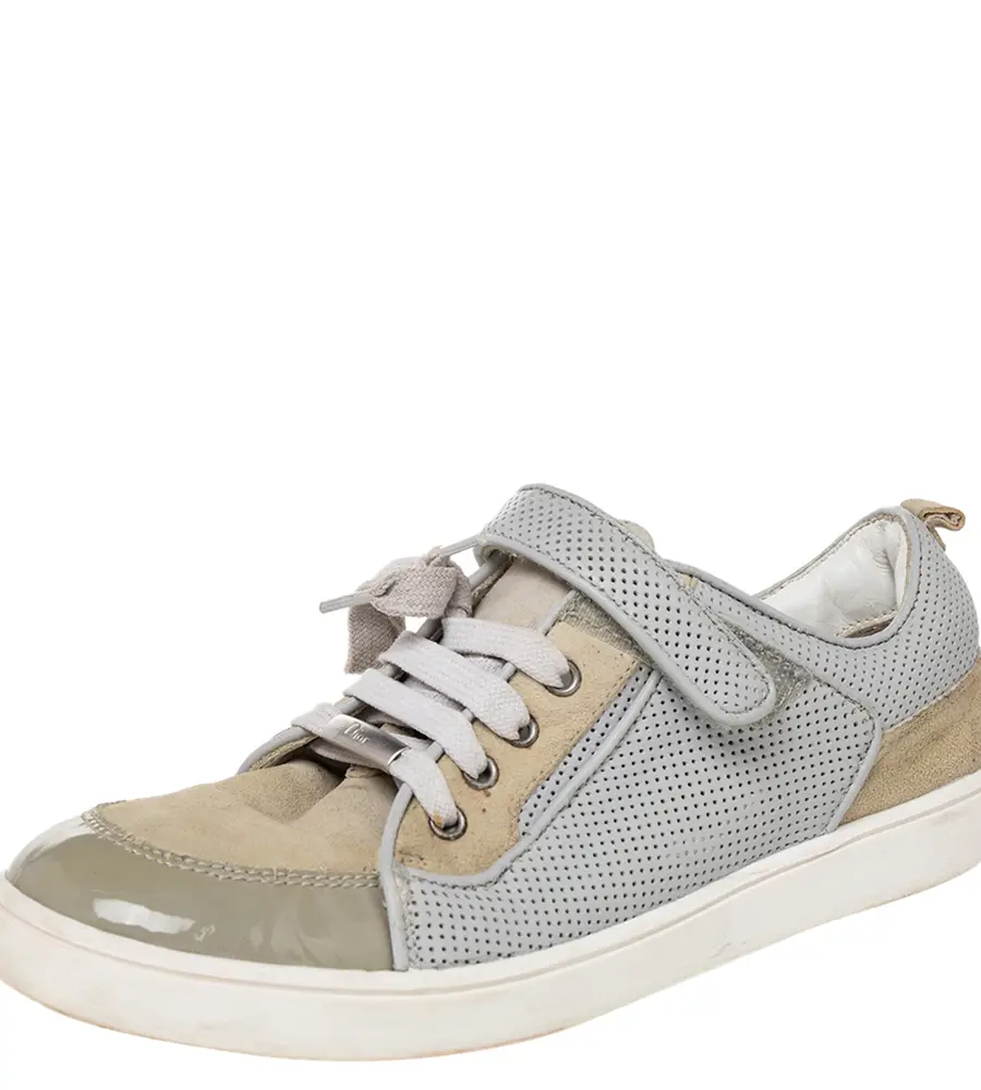 Dior Beige/Grey Mesh And Patent Leather Low Top Sneakers Size 34
