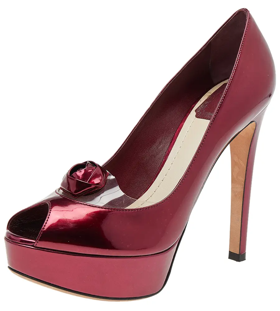 Dior Burgundy Patent Leather Flower Platform Pumps Size 37.5
