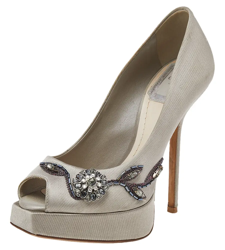 Dior Grey Embellished Satin Peep Toe Platform Pumps Size 35