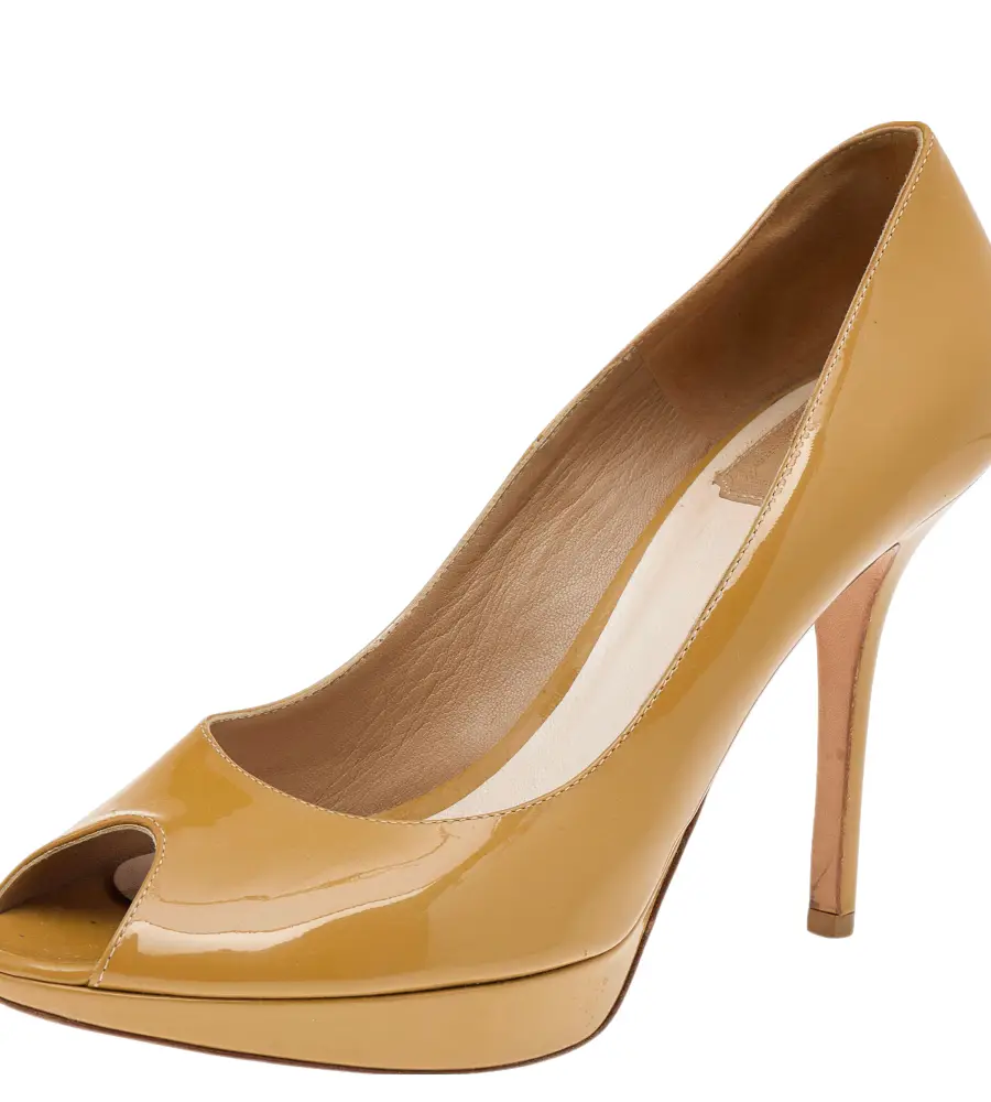 Dior Mustard Patent Leather Miss Dior Peep Toe Platform Pumps Size 40.5