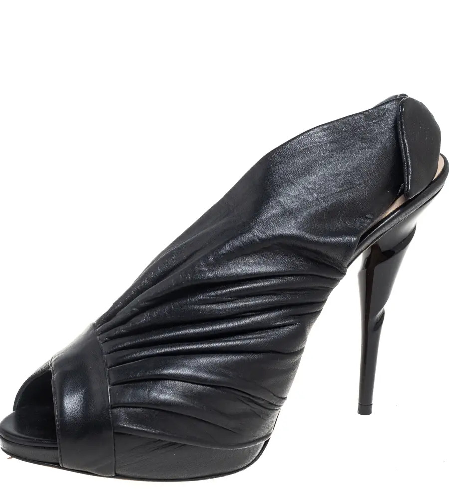 Dior Black Pleated Leather Peep-Toe D'orsay Bow Slingback Sandals Size 40.5