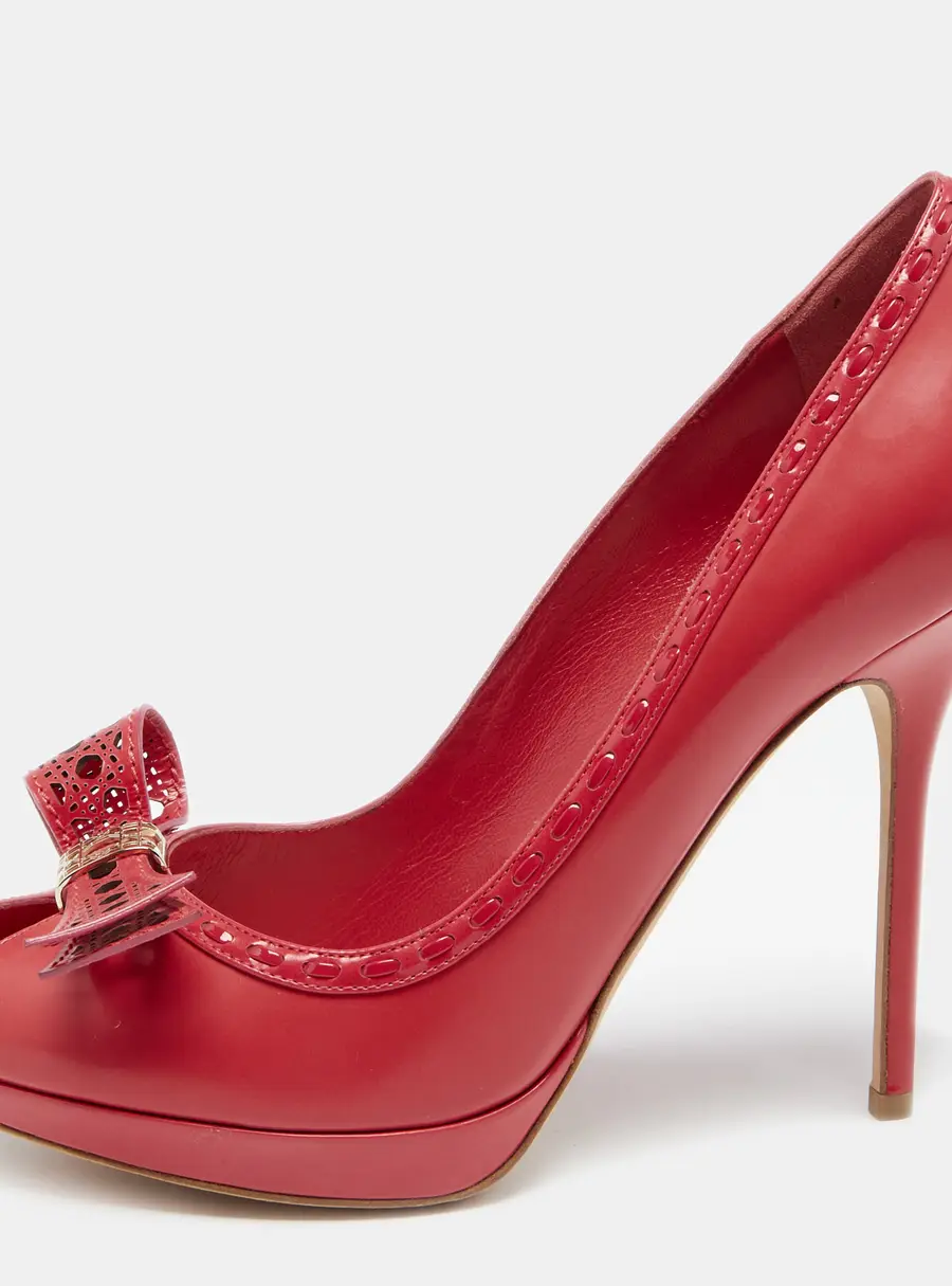 Dior Imperial Red Cannage Leather Peep Toe Bow Detail Platform Pumps Size 40.5