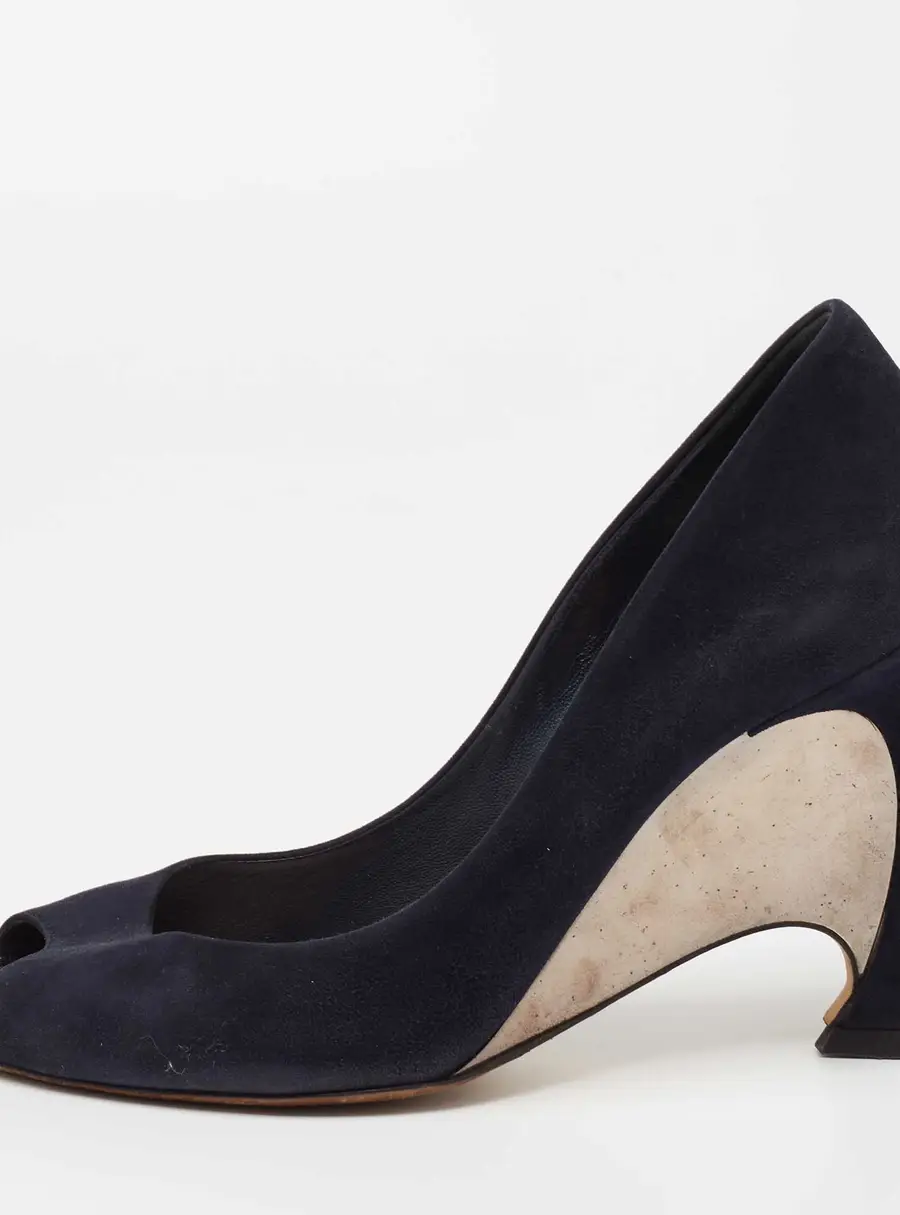 Dior Navy Blue Suede Peep Toe Optique Wedge Pumps Size 36.5