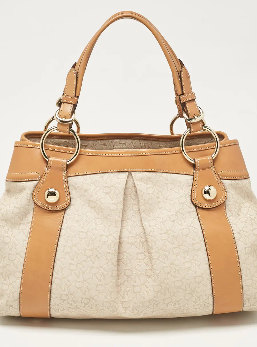 DKNY Beige/Brown Monogram Canvas and Leather Front Zip Tote