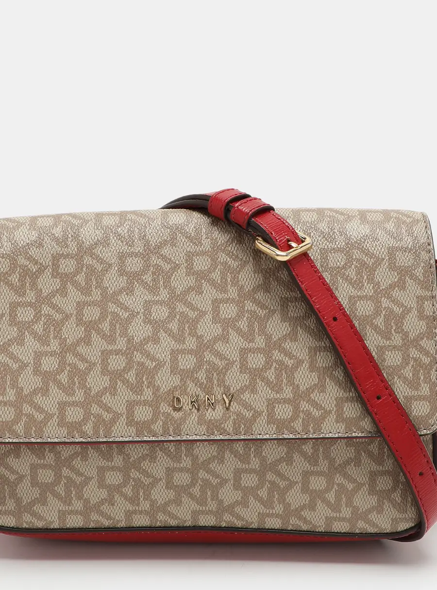 Dkny Beige/Red Signature Coated Canvas and Leather Crossbody Bag