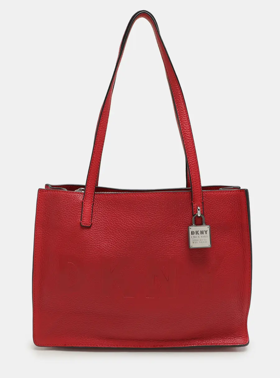 Dkny Red Leather Logo Embossed Tote