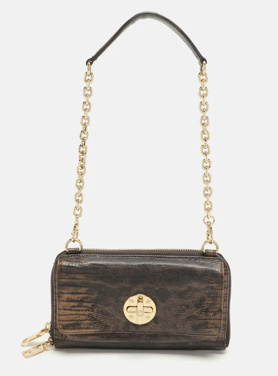 Dkny Brown Lizard Embossed Leather Chain Clutch