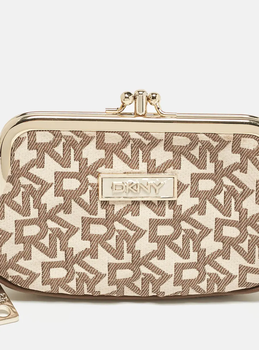 DKNY Beige/Brown Signature Canvas Kisslock Frame Coin Purse