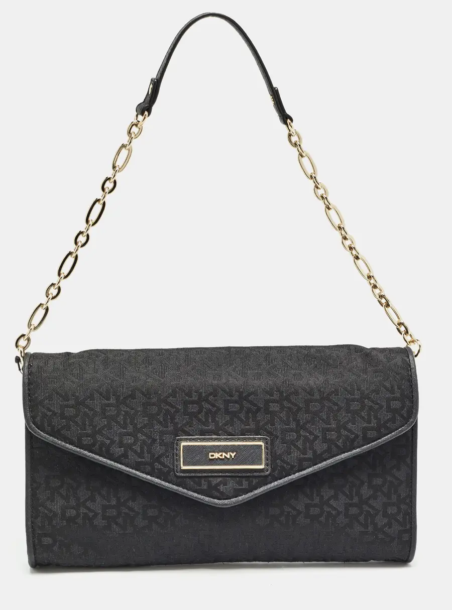Dkny Black Monogram Canvas and Leather Envelope Flap Shoulder Bag